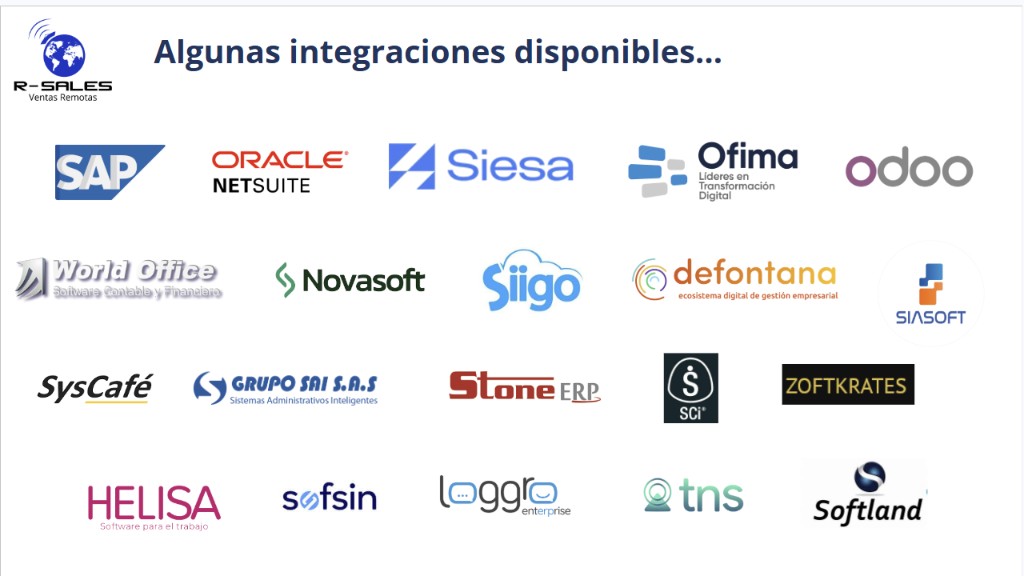 Integraciones disponibles: SAP, Oracle NetSuite, Siesa, Odoo, Siigo, Defontana, Helisa, Softland y más